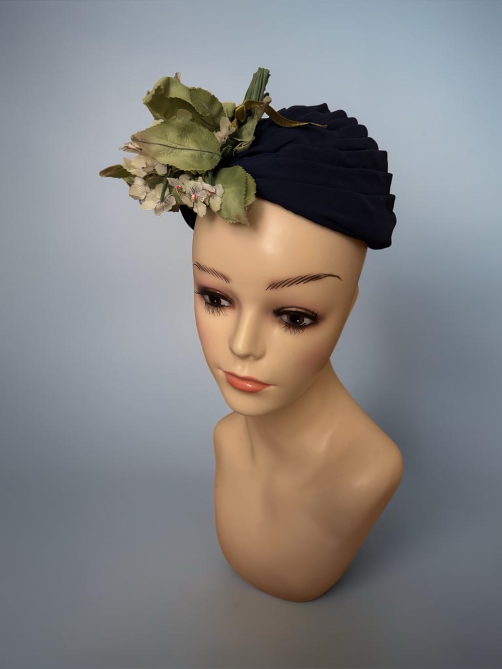 Vintage Blue Cocktail Fascinator Hat w/ Pleated Turban Design & Floral Details
